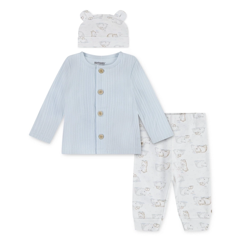CONJUNTO 3 PIEZAS CHALECO, PANTALON Y GORRO CELESTE BEBE HUGGIES - 1
