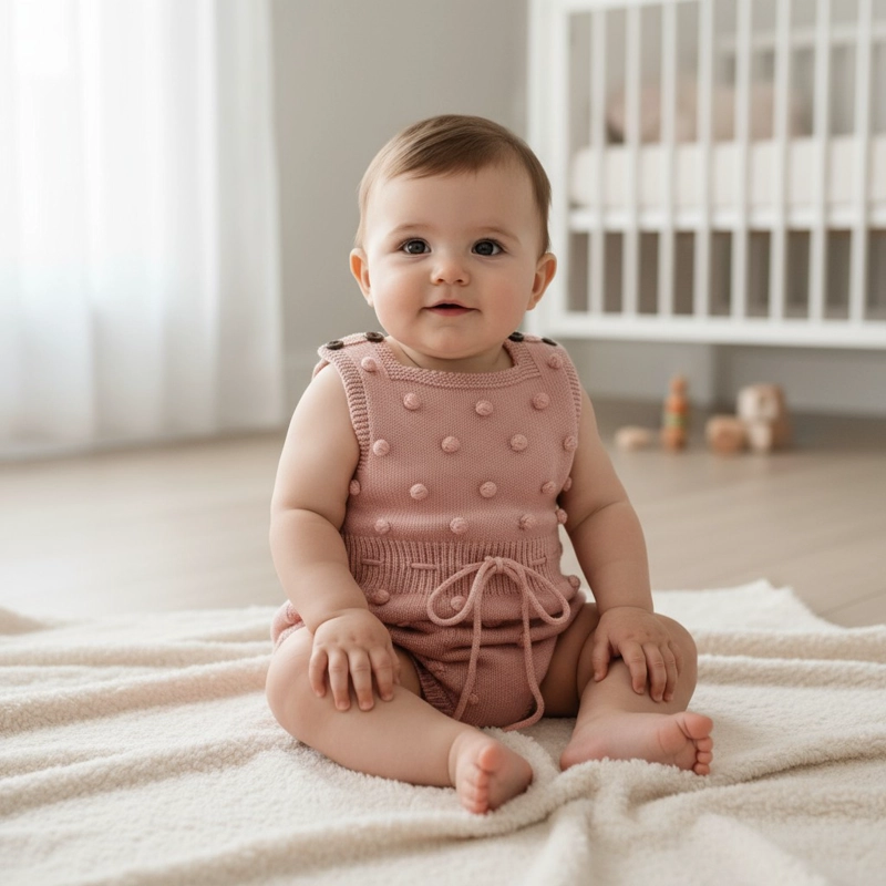 ENTERITO TEJIDO ALGODON BEBE  CON POMPONES – SUAVE, COMODO Y ABRIGADOR - 3