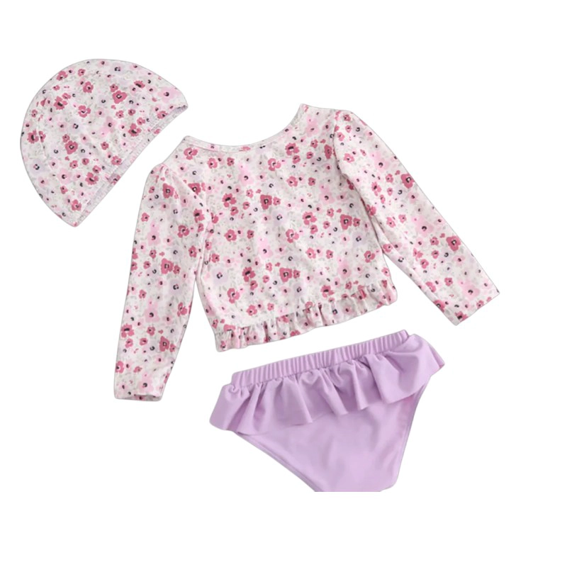 TRAJE DE BAÑO NIÑA 3 PIEZAS FLORAL LILA + GORRO | SENSIBLUE - 1