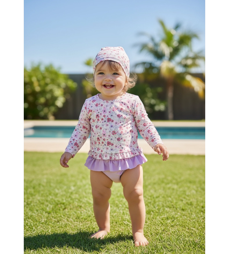 TRAJE DE BAÑO NIÑA 3 PIEZAS FLORAL LILA + GORRO | SENSIBLUE - 2