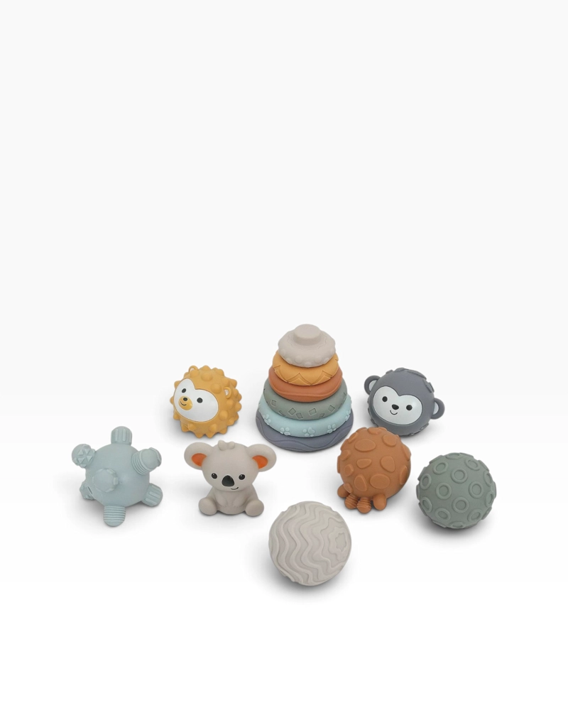 SET SENSORIAL KOALA 13 PIEZAS – TORRE APILABLE Y BOLAS SENSORIALES 6M+ - 6