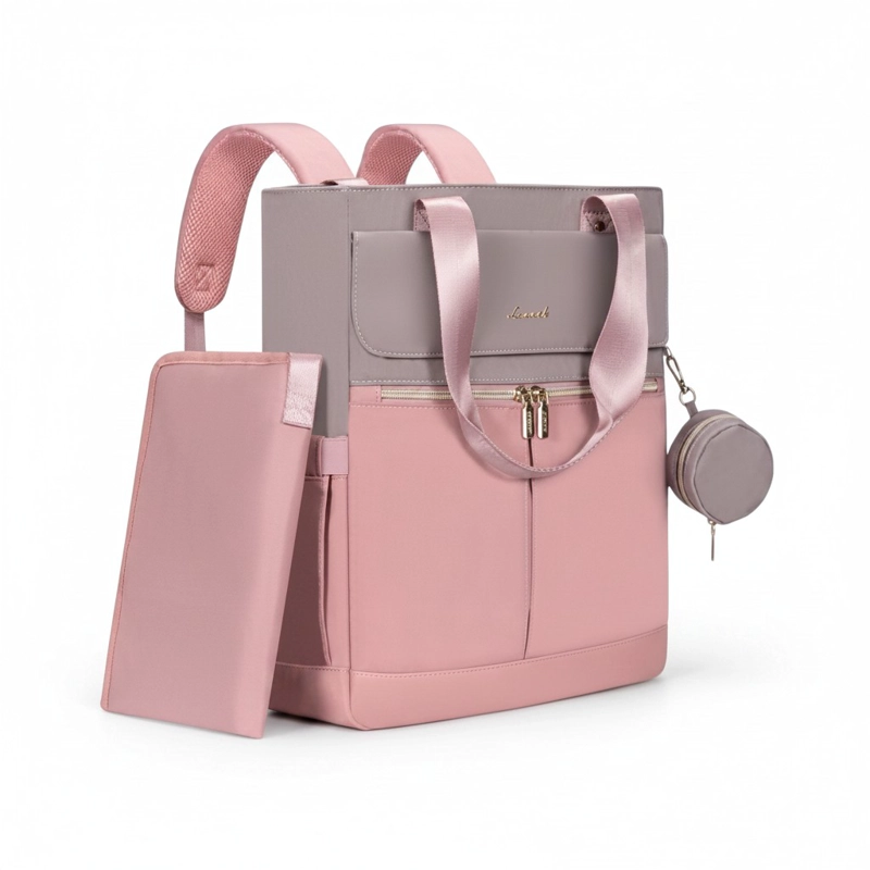 BOLSO MATERNAL 2 EN 1 MOCHILA Y BANDOLERA COLOR ROSA – PRACTICO, ELEGANTE Y GRAN CAPACIDAD. - 1