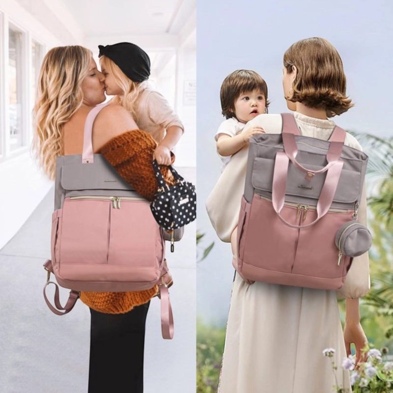 BOLSO MATERNAL 2 EN 1 MOCHILA Y BANDOLERA COLOR ROSA – PRACTICO, ELEGANTE Y GRAN CAPACIDAD. - 5