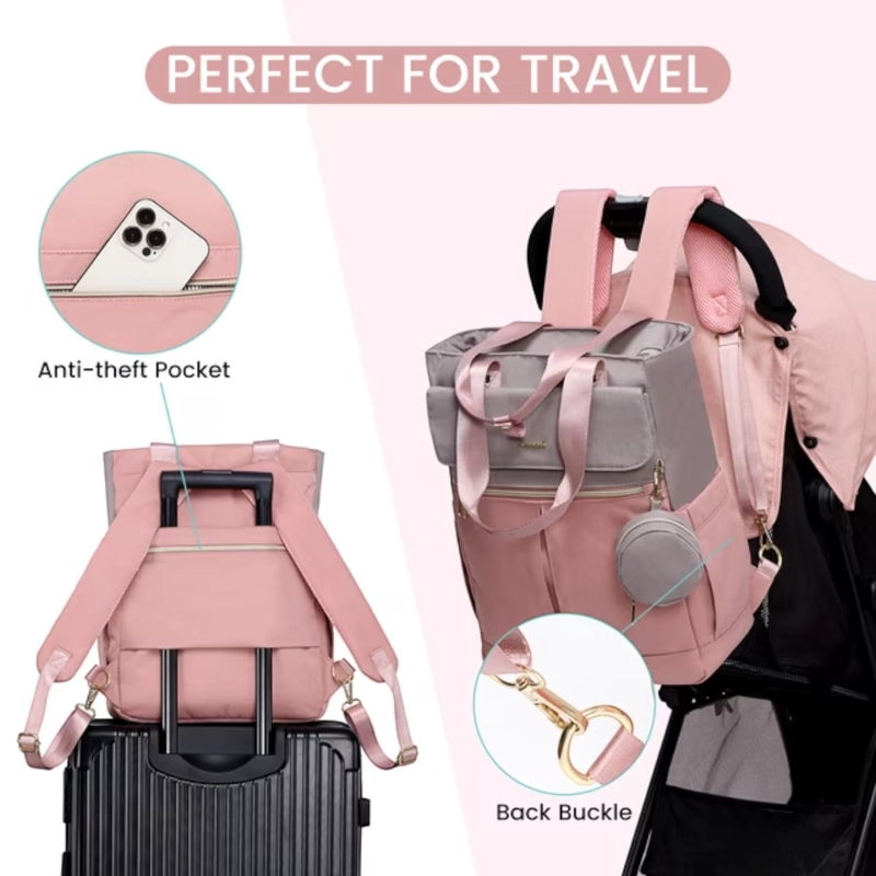 BOLSO MATERNAL 2 EN 1 MOCHILA Y BANDOLERA COLOR ROSA – PRACTICO, ELEGANTE Y GRAN CAPACIDAD. - 6