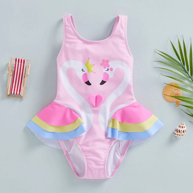 TRAJE DE BAÑO NIÑA CISNES ROSADO CON VUELOS - 2