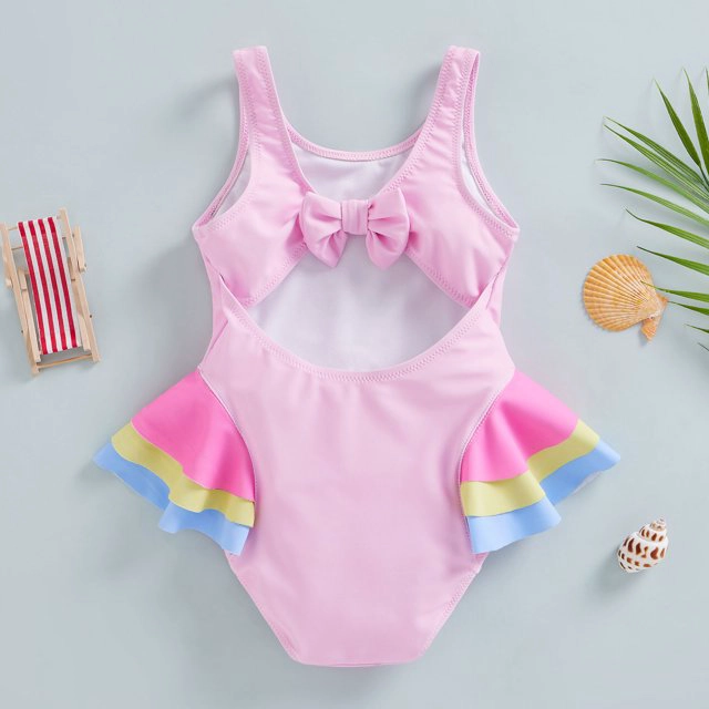 TRAJE DE BAÑO NIÑA CISNES ROSADO CON VUELOS - 3