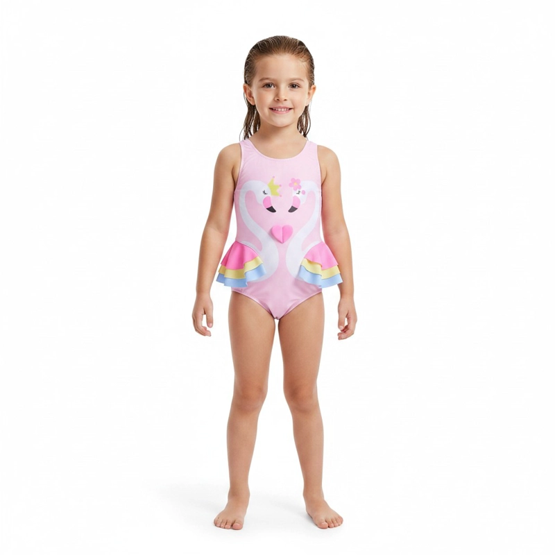 TRAJE DE BAÑO NIÑA CISNES ROSADO CON VUELOS - 6