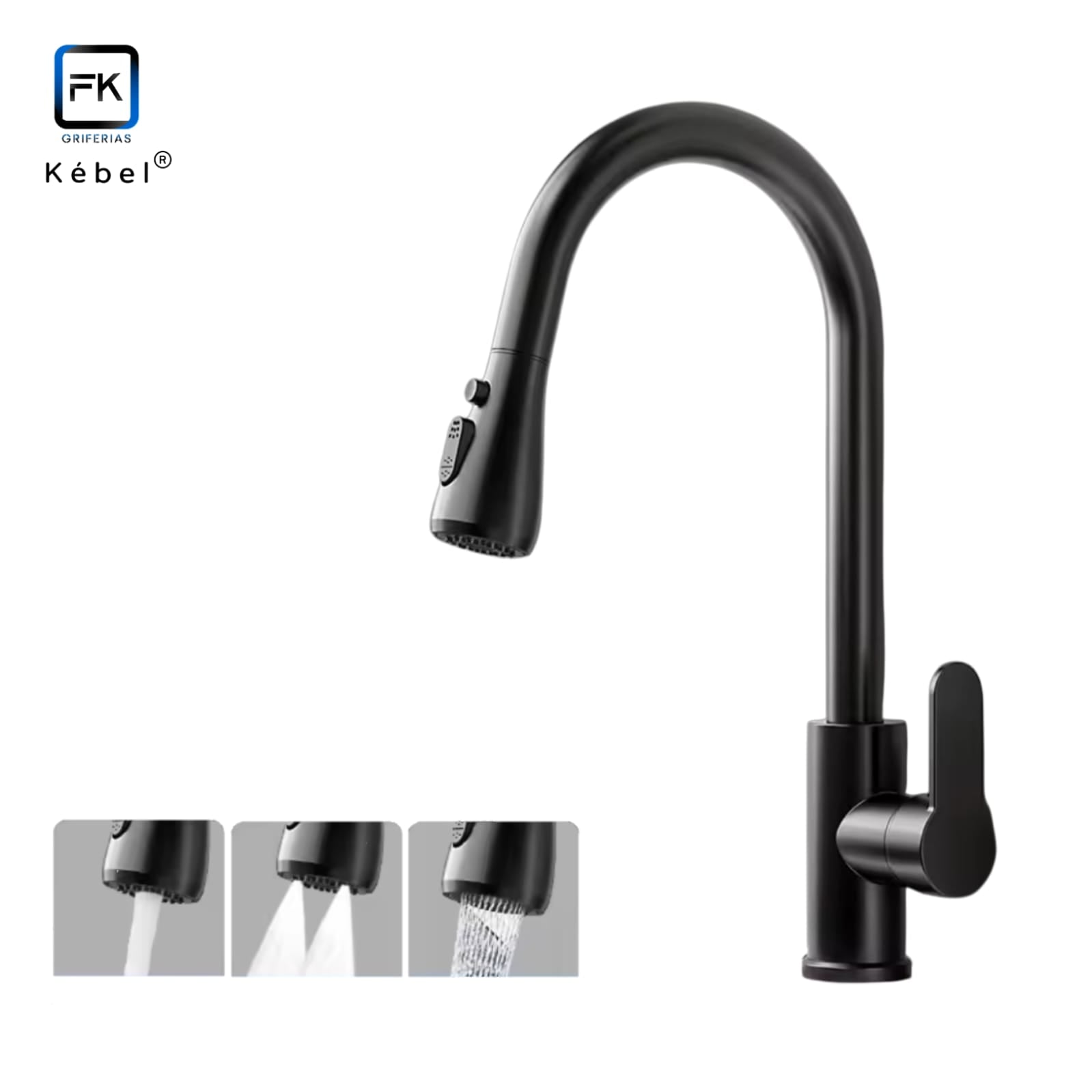 LLAVE MONOMANDO COCINA PROF RETRÁCTIL 3 MODOS BLACK KÉBEL FK - 1