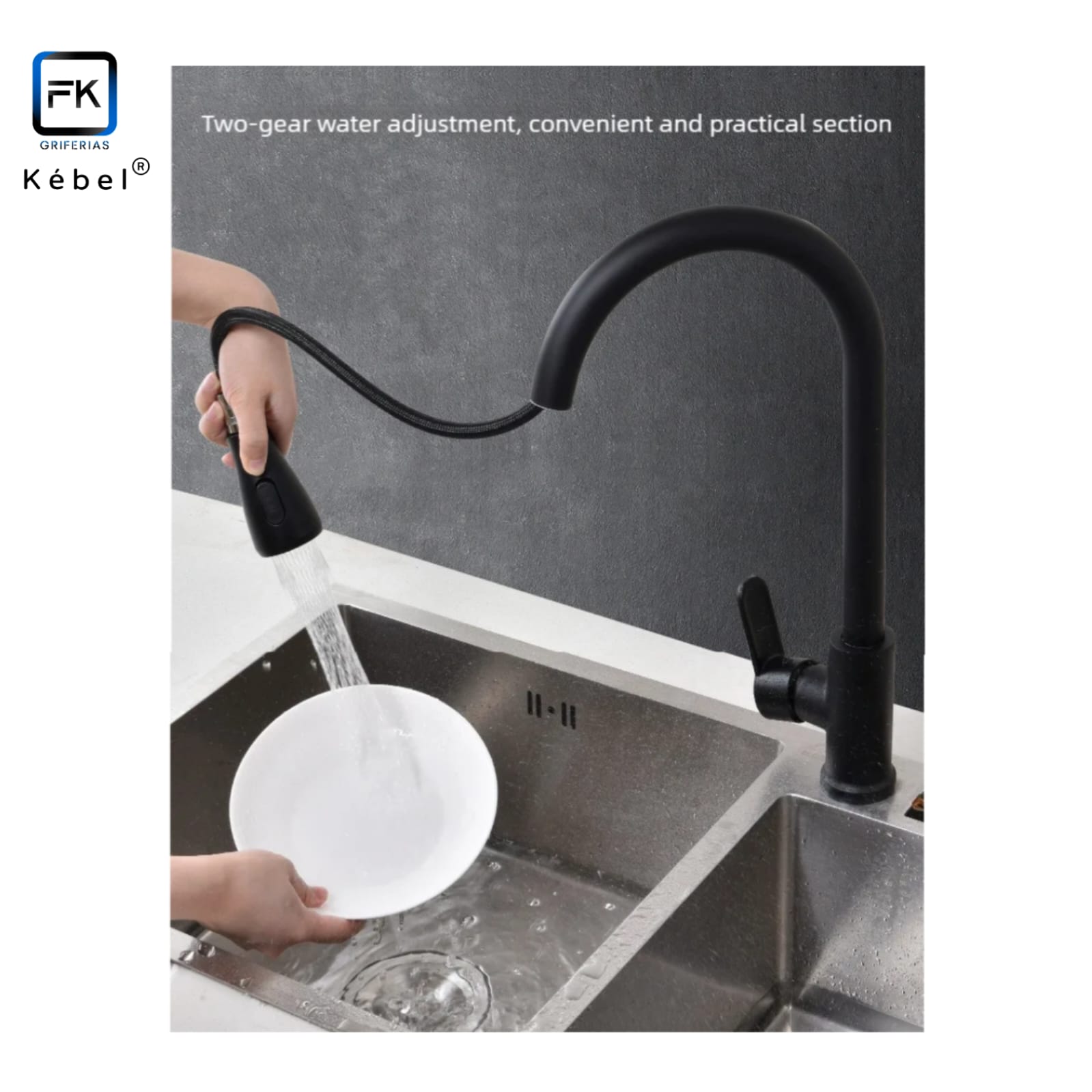 LLAVE MONOMANDO COCINA PROF RETRÁCTIL 3 MODOS BLACK KÉBEL FK - 2