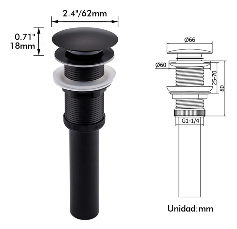 DESAGÜE CLICK PARA LAVAMANOS 1.1/4' CON REBALSE BLACK FK - 3