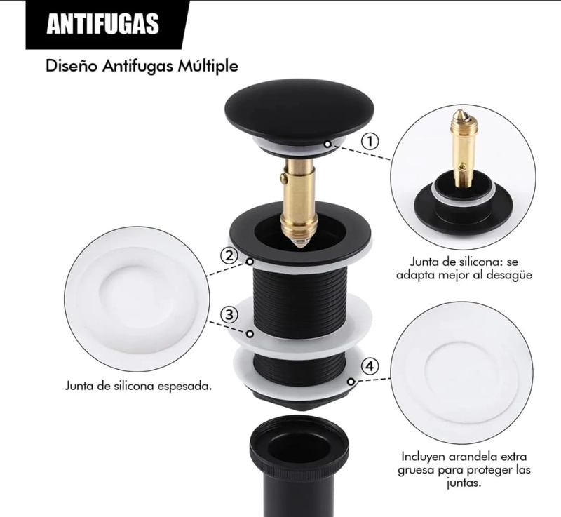 DESAGÜE CLICK PARA LAVAMANOS 1.1/4' CON REBALSE BLACK FK - 6