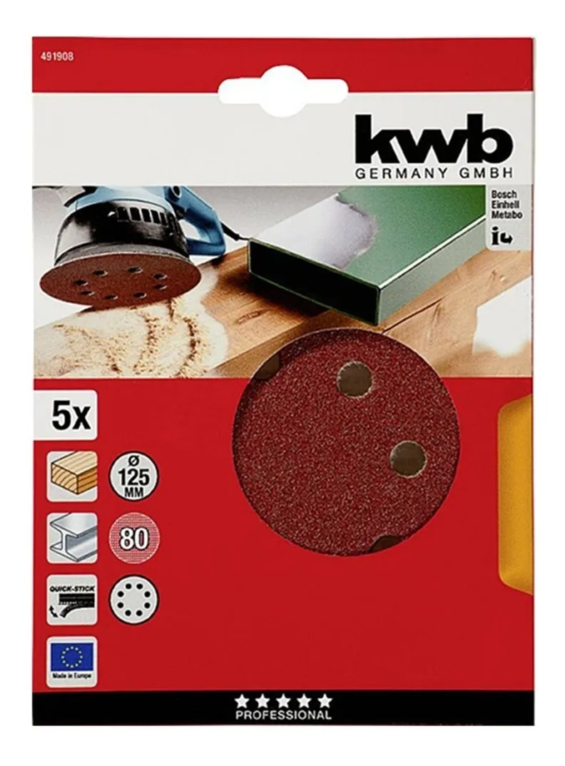 5 DISCO LIJA PARA PULIR 125MM VELCRO GRANO 80 KWB COLOR UNICO COLOR - 2