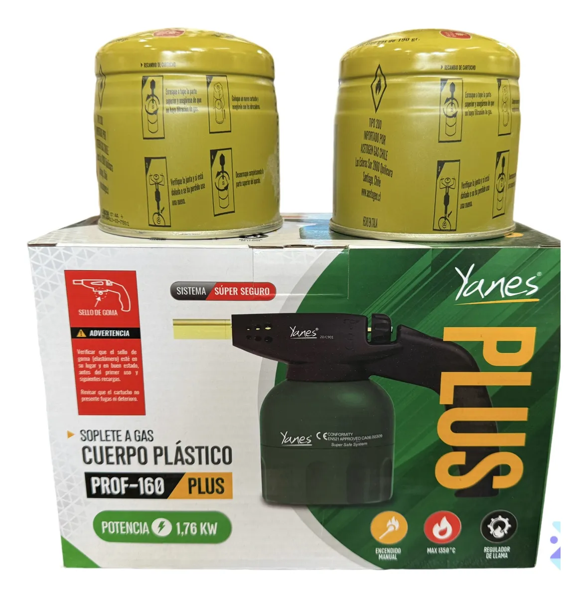 SOPLETE A GAS PLASTICO YANES M-160 VERDE + 2 CARTUCHOS 190GR - 1