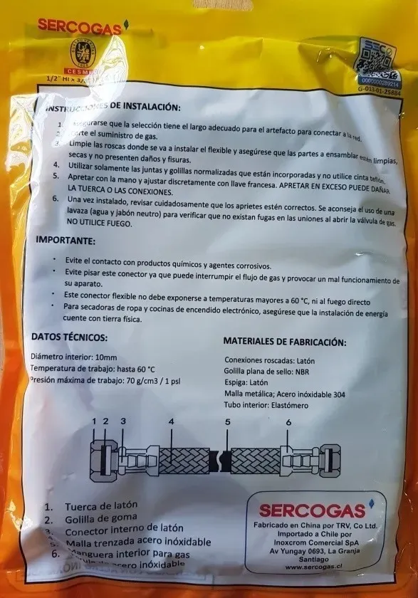 FLEXIBLE GAS 1/2 X 3/8 HI HI HILO IZQUIERDO 1 MT CERTIFICADA - 4