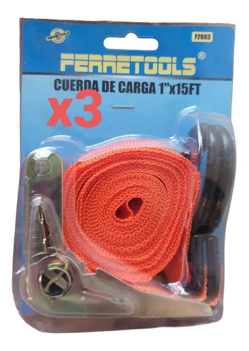 PACK 3 ESLINGA CINTA AMARRE CON RATCHET 1 PULGADA X 15 FT - 1