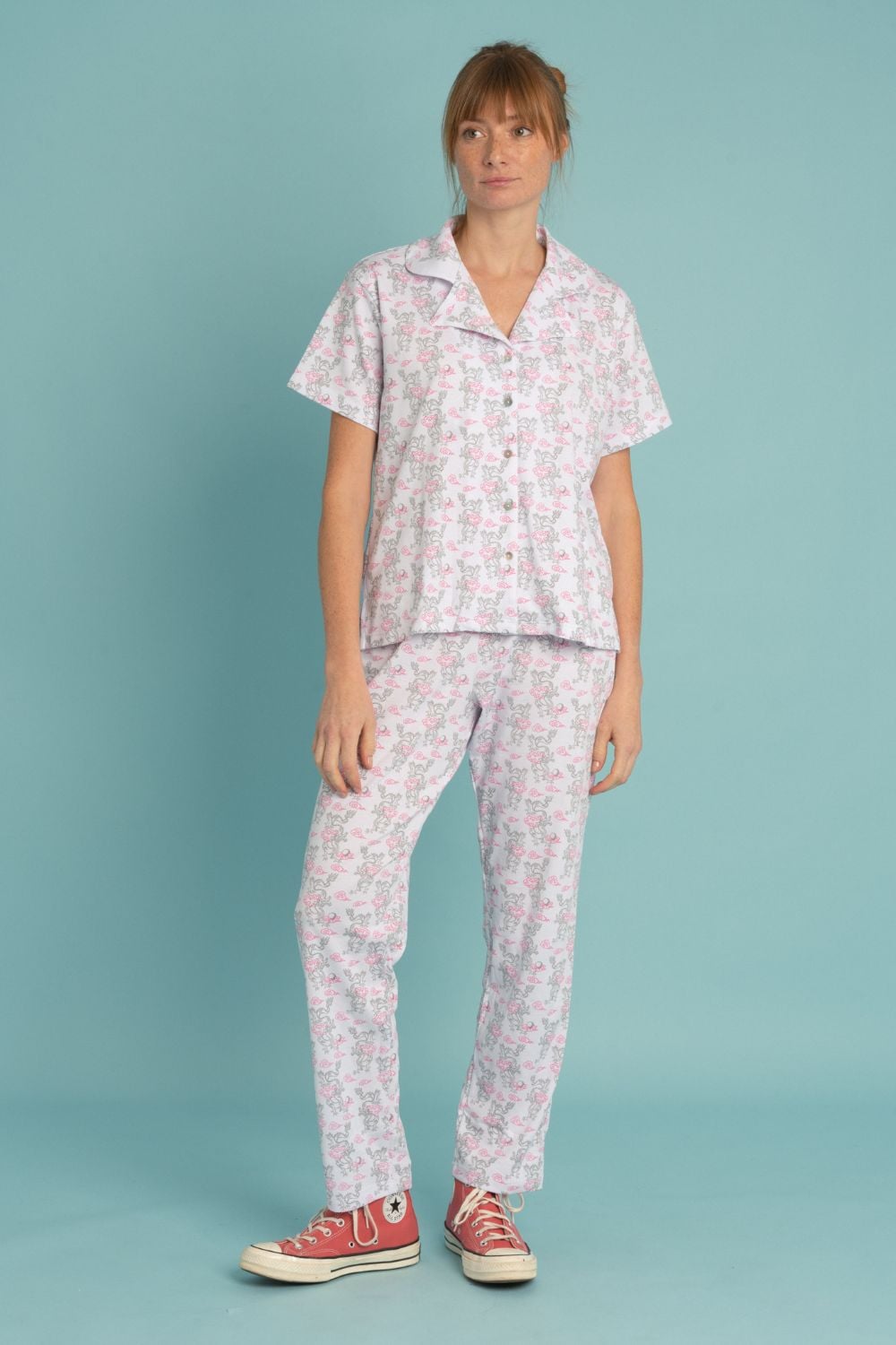 PIJAMA EVA MUJER 100% ALGODON PIMA PERUANO ESTAMPADO ORIGINAL PANTALON LARGO BLUSA MANGA CORTA - 1