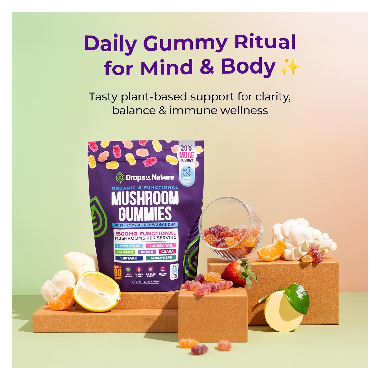 Functional Mushroom Gummies (2500mg) With Ashwagandha & Shiitake – Focus & Immunity Support