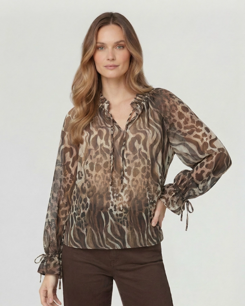 BLUSA MUJER JAVIERA RELAXED CUELLO EN V MANGA SUELTA LEOPARDO LINEATRE - 1
