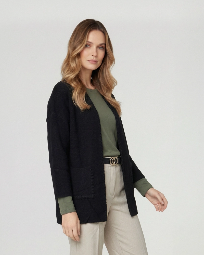 CARDIGAN MUJER GIANNA CUELLO TIPO KIMONO NEGRO LINEATRE - 1