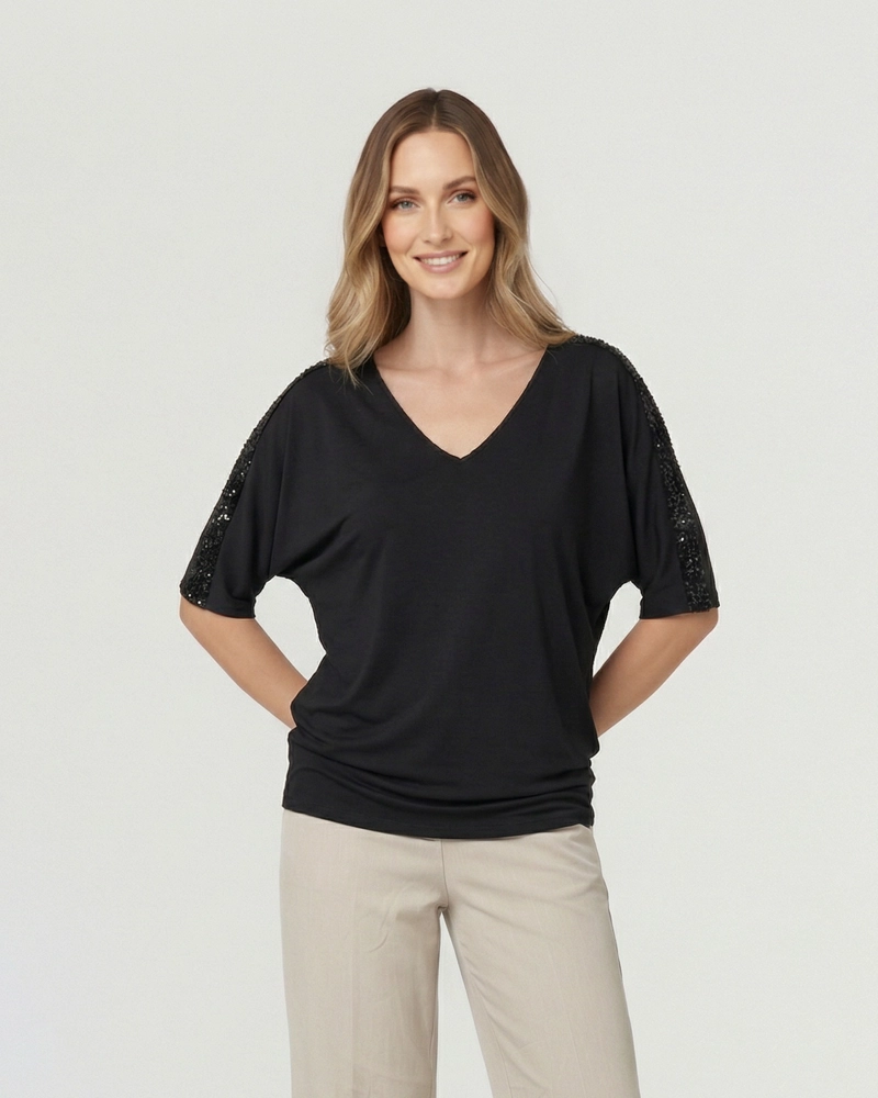 POLERON MUJER MONTSERRAT RELAXED CUELLO EN V MANGA CAIDA NEGRO LINEATRE - 1