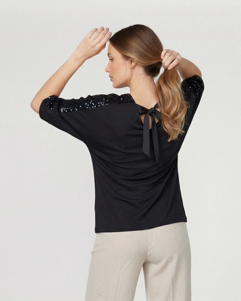 POLERON MUJER MONTSERRAT RELAXED CUELLO EN V MANGA CAIDA NEGRO LINEATRE - 2