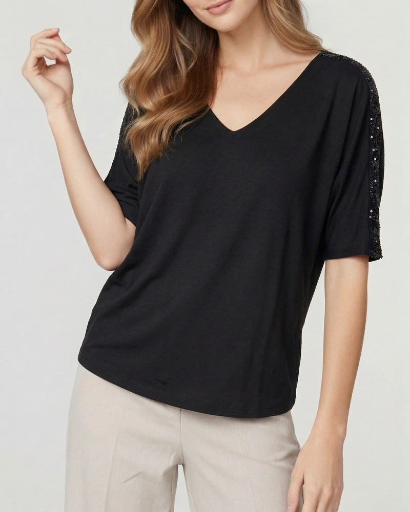 POLERON MUJER MONTSERRAT RELAXED CUELLO EN V MANGA CAIDA NEGRO LINEATRE - 3