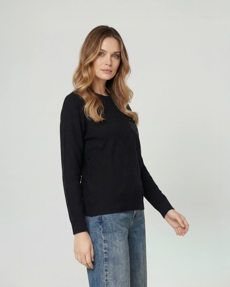 SWEATER MUJER RENATA RELAXED CUELLO REDONDO MANGA CAIDA NEGRO LINEATRE - 1