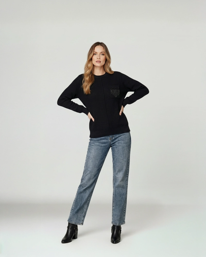 SWEATER MUJER RENATA RELAXED CUELLO REDONDO MANGA CAIDA NEGRO LINEATRE - 4