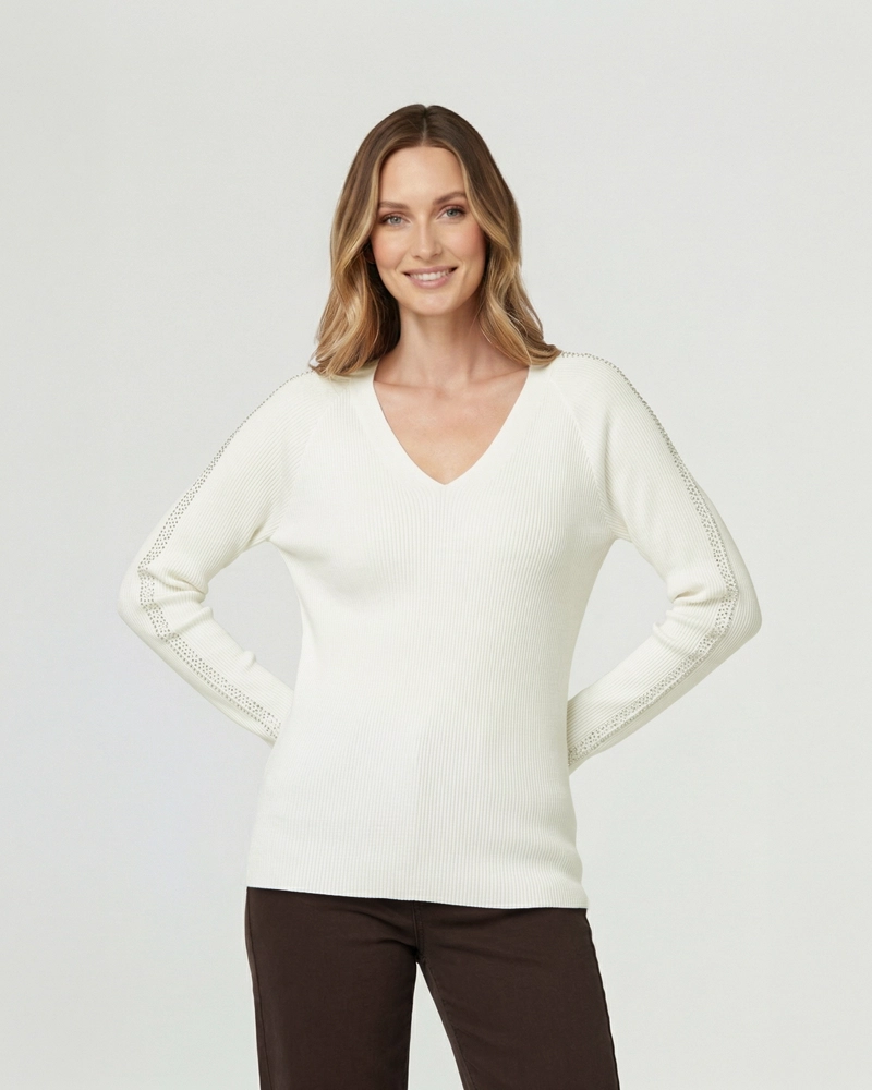 SWEATER MUJER ORNELLA RELAXED CUELLO EN V MANGA CAIDA CRUDO LINEATRE - 1