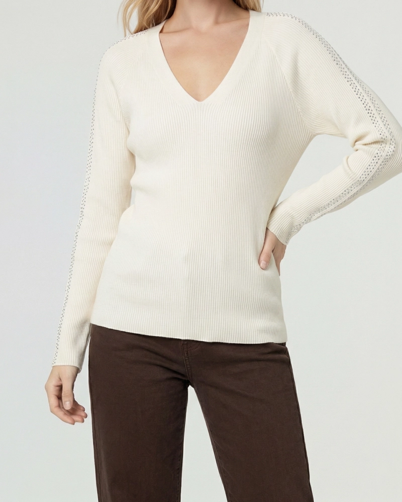 SWEATER MUJER ORNELLA RELAXED CUELLO EN V MANGA CAIDA CRUDO LINEATRE - 3