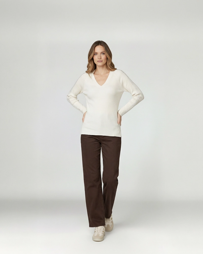 SWEATER MUJER ORNELLA RELAXED CUELLO EN V MANGA CAIDA CRUDO LINEATRE - 4