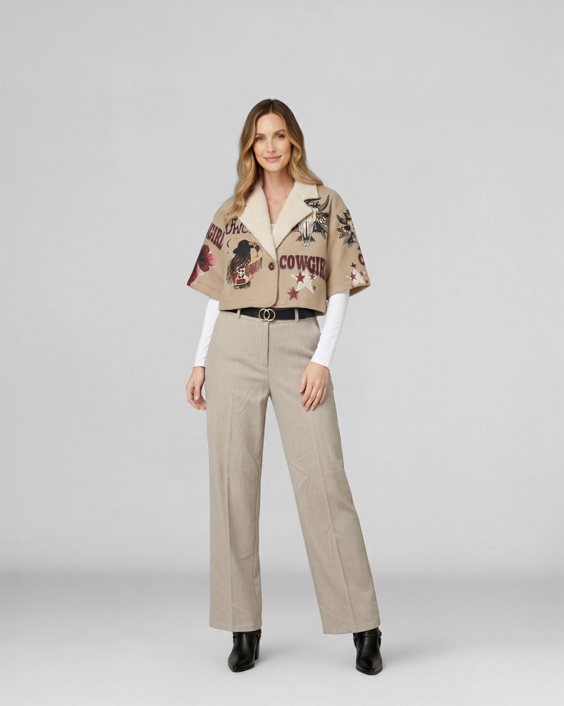 CHAQUETA MUJER IDA RELAXED CUELLO CON SOLAPA MANGA ACAMPANADA TAUPE LINEATRE - 4