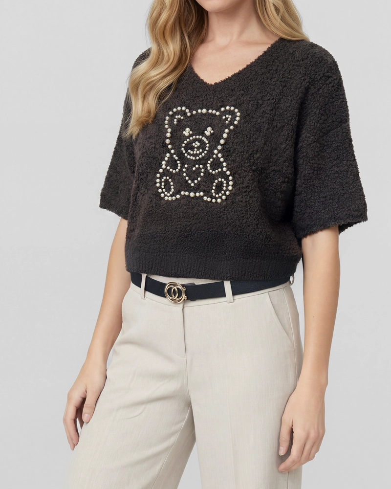 SWEATER MUJER MARA RELAXED CUELLO EN V MANGA CAIDA CHOCOLATE LINEATRE - 3