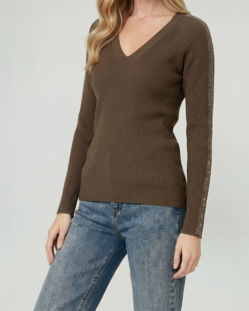 SWEATER MUJER ORNELLA RELAXED CUELLO EN V MANGA CAIDA CHOCOLATE LINEATRE - 3
