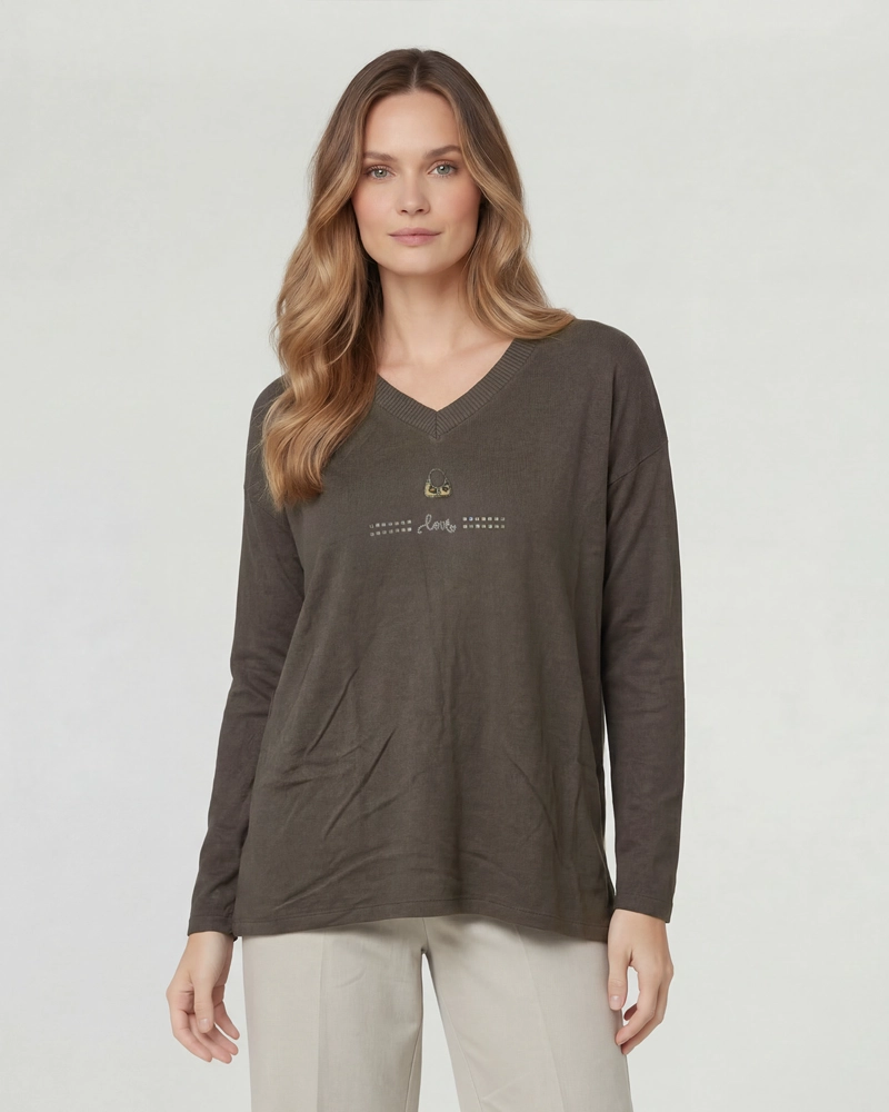 SWEATER MUJER OLIVIA RELAXED CUELLO EN V MANGA CAIDA CHOCOLATE LINEATRE - 1