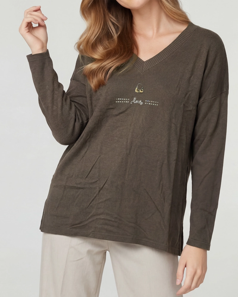 SWEATER MUJER OLIVIA RELAXED CUELLO EN V MANGA CAIDA CHOCOLATE LINEATRE - 3