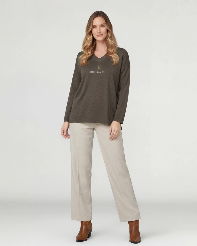 SWEATER MUJER OLIVIA RELAXED CUELLO EN V MANGA CAIDA CHOCOLATE LINEATRE - 4