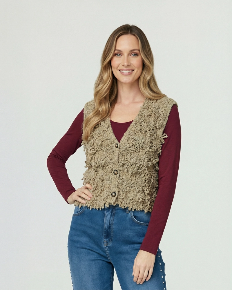 GILLET MUJER FABIOLA RELAXED CUELLO EN V CAMEL LINEATRE - 1