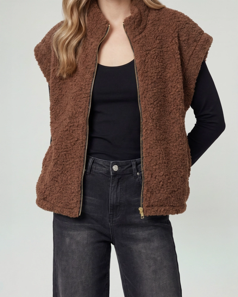 GILLET MUJER ANTONIA RELAXED CUELLO MEDIO ALTO CON CIERRE MANGA CAIDA CHOCOLATE LINEATRE - 3