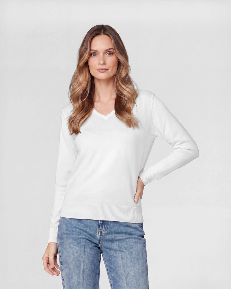 SWEATER MUJER IGNACIA REGULAR FIT CUELLO EN V MANGA CAIDA BLANCO LINEATRE - 1