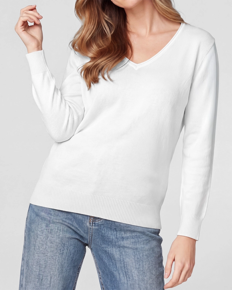 SWEATER MUJER IGNACIA REGULAR FIT CUELLO EN V MANGA CAIDA BLANCO LINEATRE - 3