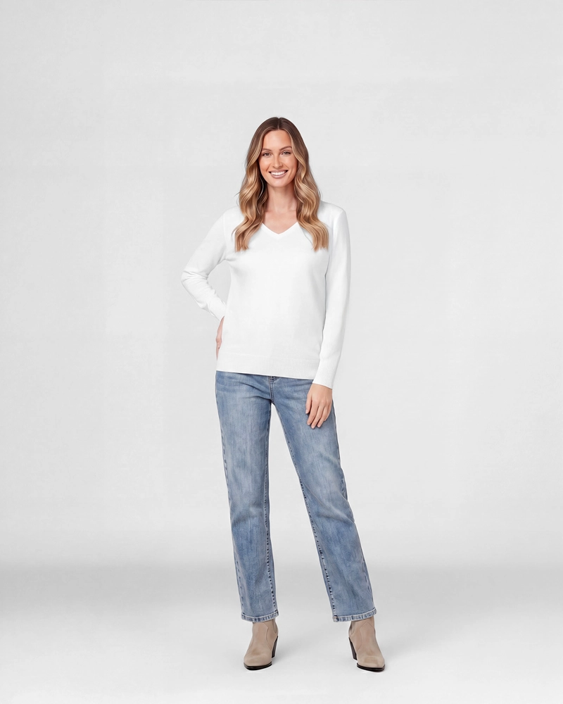 SWEATER MUJER IGNACIA REGULAR FIT CUELLO EN V MANGA CAIDA BLANCO LINEATRE - 4