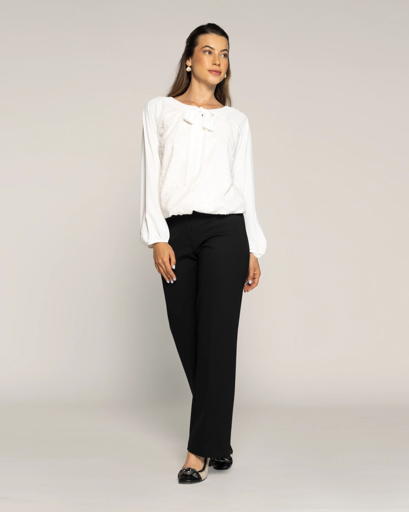 BLUSA MARGARITA CRUDO CUELLO REDONDO AJUSTADO LAZO MANGA LARGA GLOBO PUÑO TIPO CAMISA MUJER - 1
