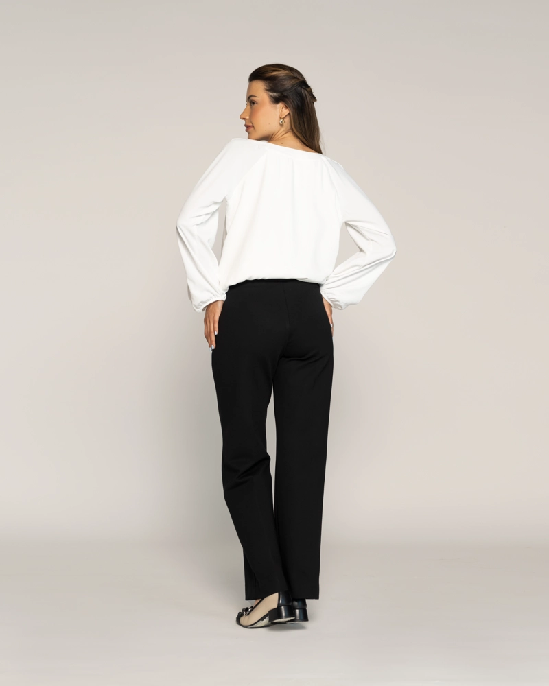 BLUSA MARGARITA CRUDO CUELLO REDONDO AJUSTADO LAZO MANGA LARGA GLOBO PUÑO TIPO CAMISA MUJER - 2