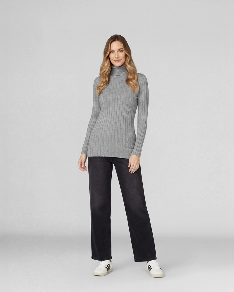 SWEATER MUJER JOSEFA SLIM FIT CUELLO ALTO REDONDO MANGA AJUSTADA GRIS LINEATRE - 2