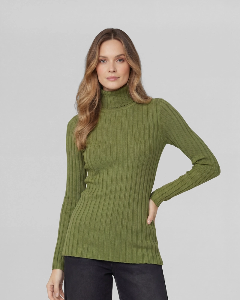 SWEATER MUJER JOSEFA SLIM FIT CUELLO ALTO REDONDO MANGA AJUSTADA MILITAR LINEATRE - 1