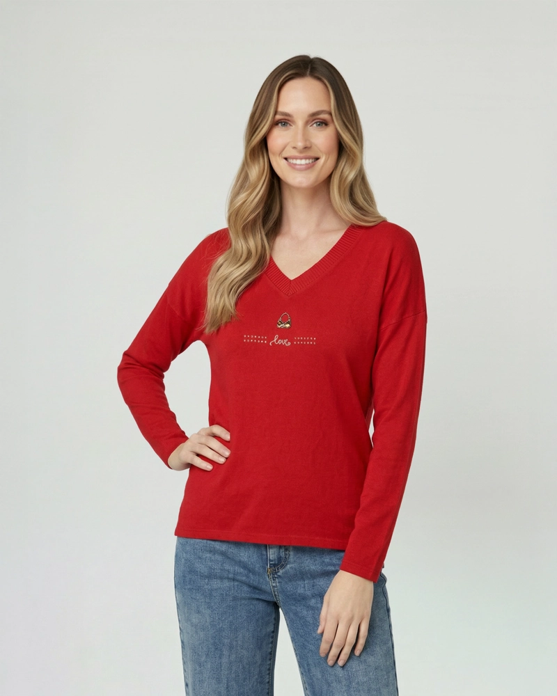 SWEATER MUJER OLIVIA RELAXED CUELLO EN V MANGA CAIDA ROJO LINEATRE - 1