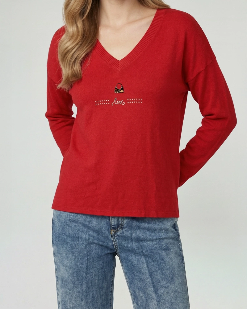 SWEATER MUJER OLIVIA RELAXED CUELLO EN V MANGA CAIDA ROJO LINEATRE - 3