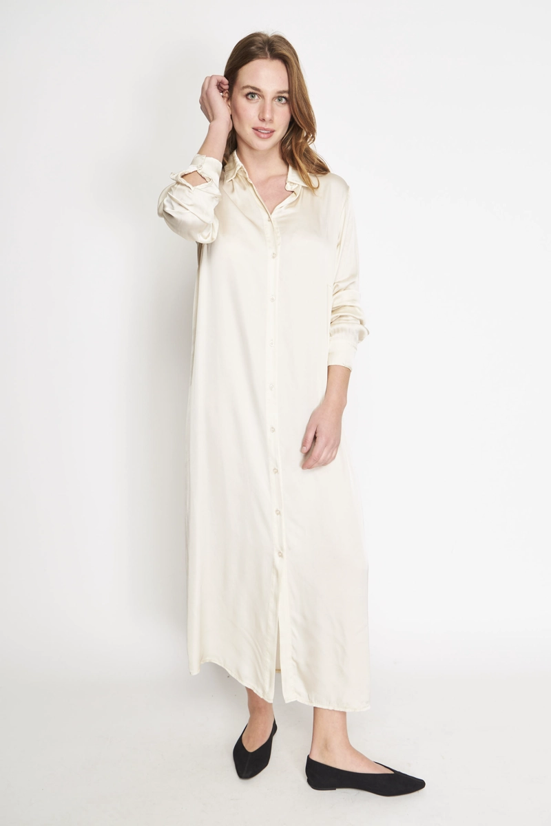 VESTIDO CAMISERO LARGO TANA SATINADO BEIGE LINEATRE - 1