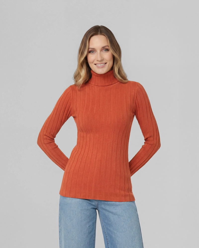 SWEATER MUJER JOSEFA SLIM FIT CUELLO ALTO REDONDO MANGA AJUSTADA NARANJO LINEATRE - 1